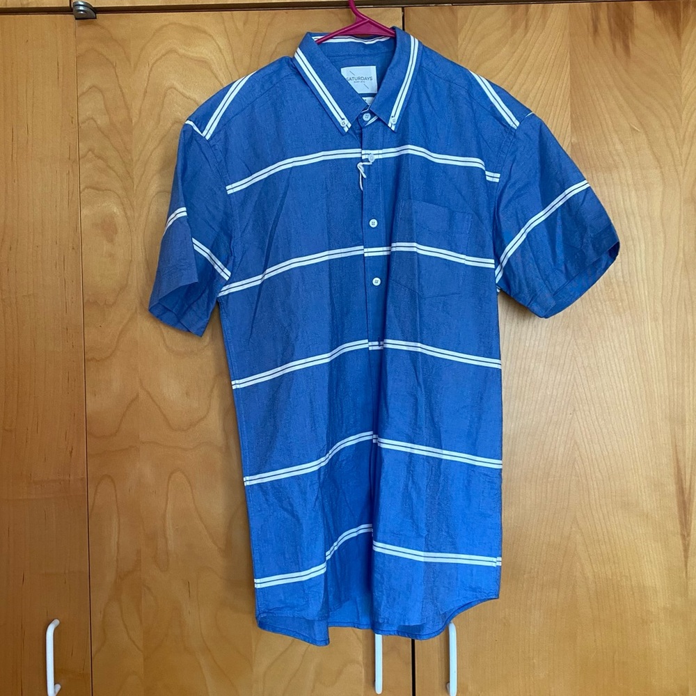 Saturdays Surf NYC Blue Cotton Button Down Striped (XL) NWT